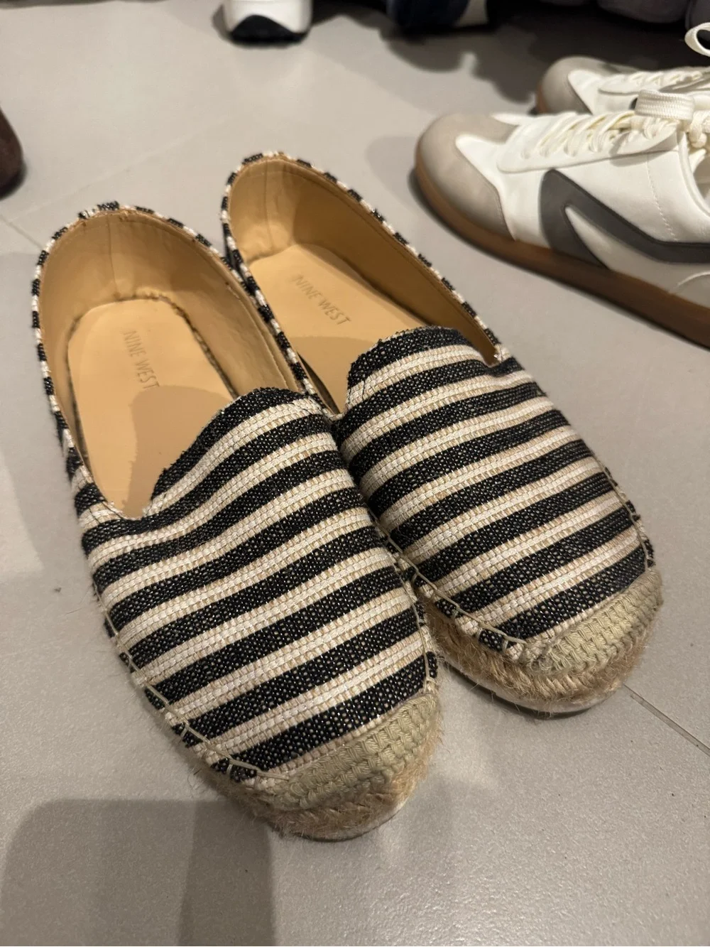 Nine West Black and White Striped Espadrille Slip-Ons